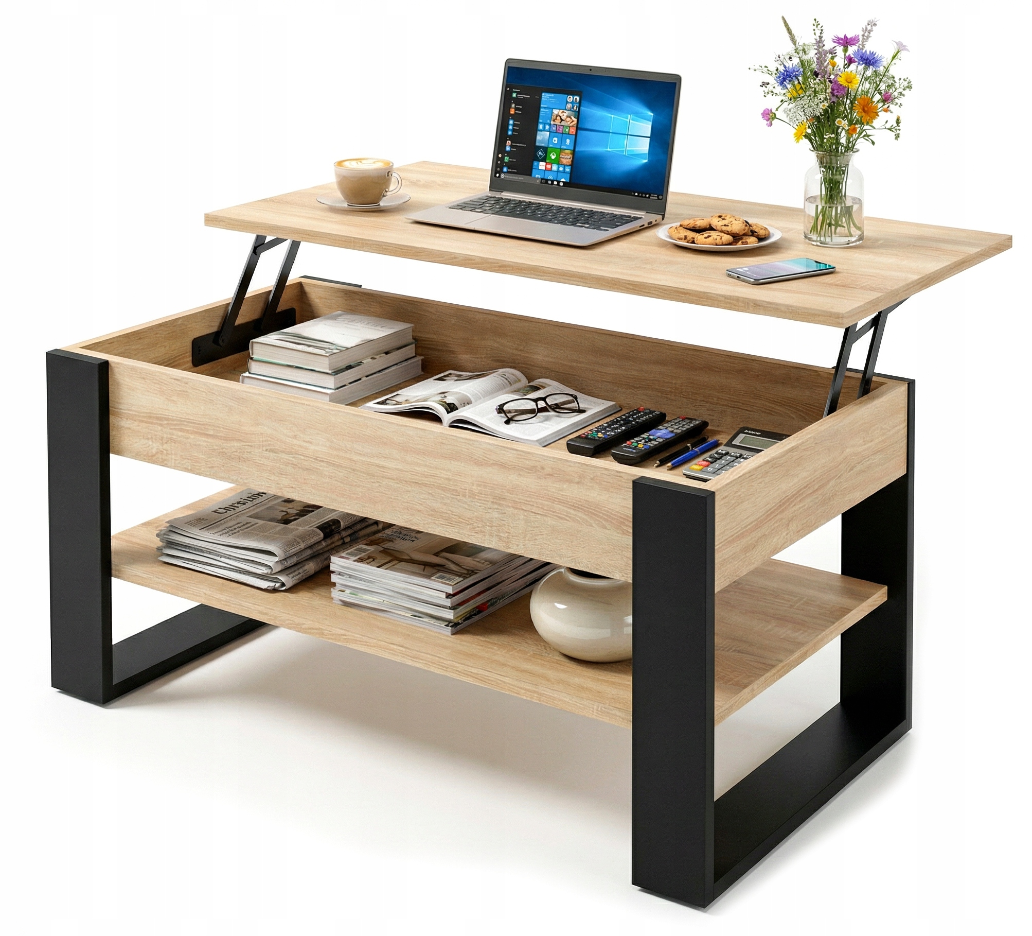 Kávový stolek Top 92 cm Zvedací úložný prostor Dub Sonoma/Černá 92x54,2