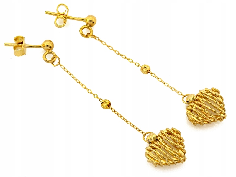 Náušnice zlaté 585, visící na dlouhém řetízku s prolamovaným srdcem na tyči