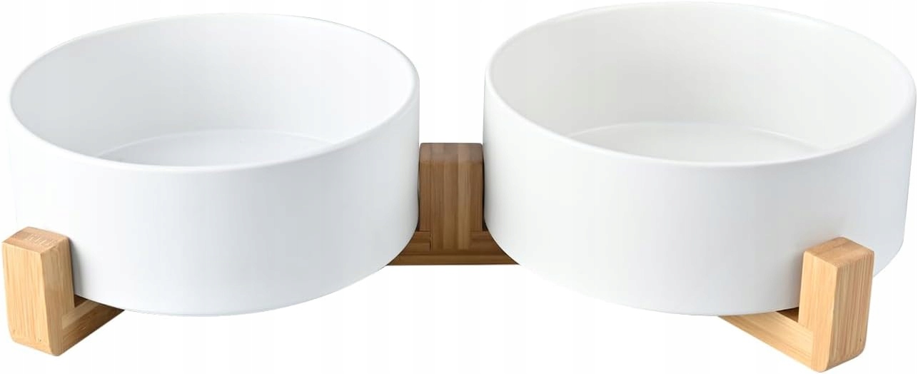 Levně Sada 2 keramických misek bílá 0,4 l miska pro psa kočku bambusový stojan