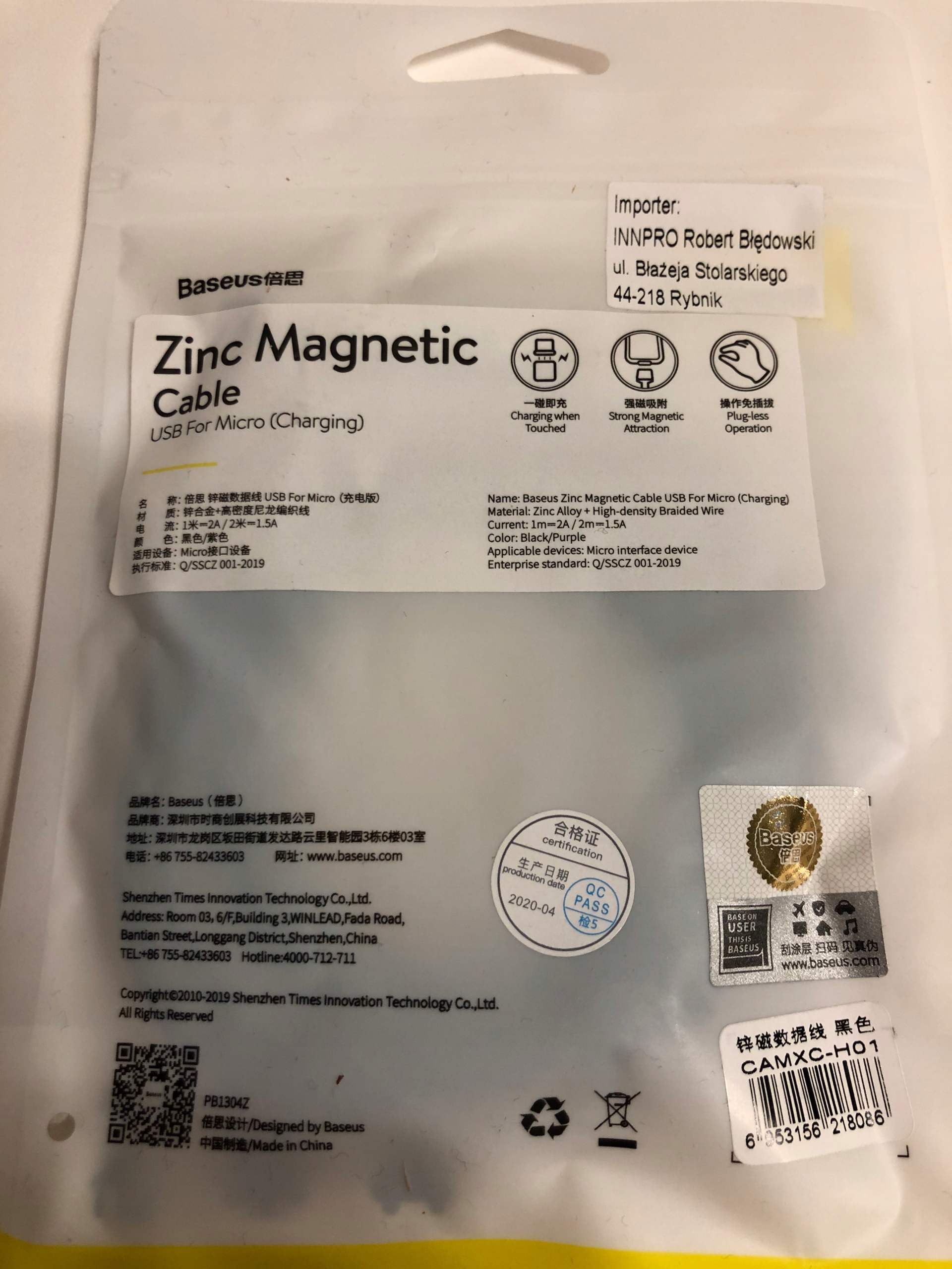 KABEL BASEUS ZINC MAGNETIC 2A USB micro USB 1M Kod producenta 6953156218086