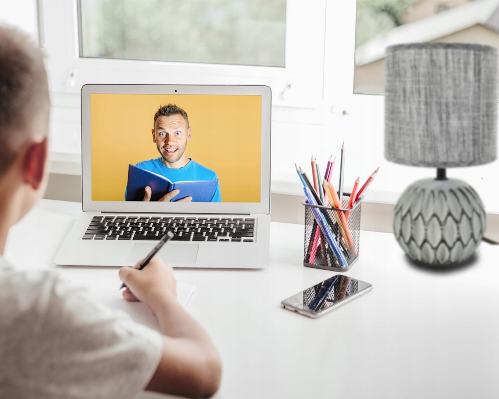 LAMPA STOŁOWA CERAMICZNA SZARA STYL BOHO 26CM Długość/wysokość 26 cm