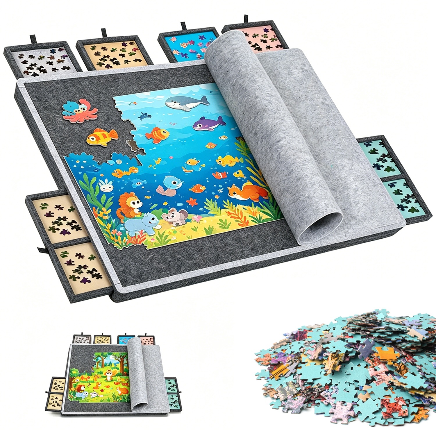 Filcowa deska do puzzli 1000 elementów, szara, 6 szuflad z pokrywą