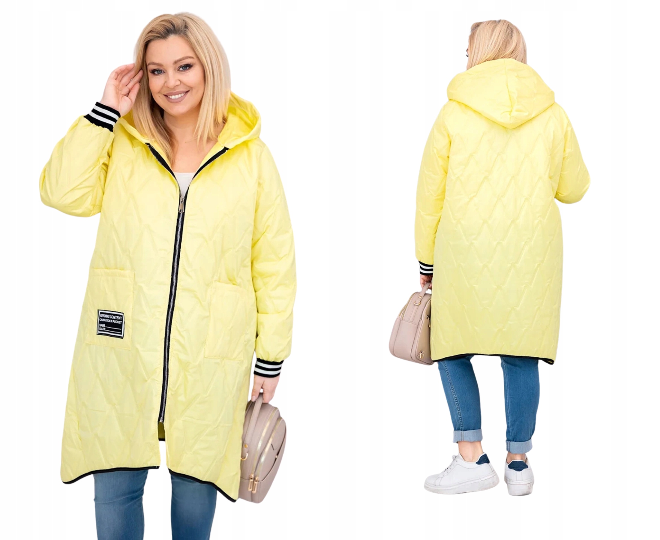Žlutá dámská prošívaná zateplená bunda Plus Size s kapucí