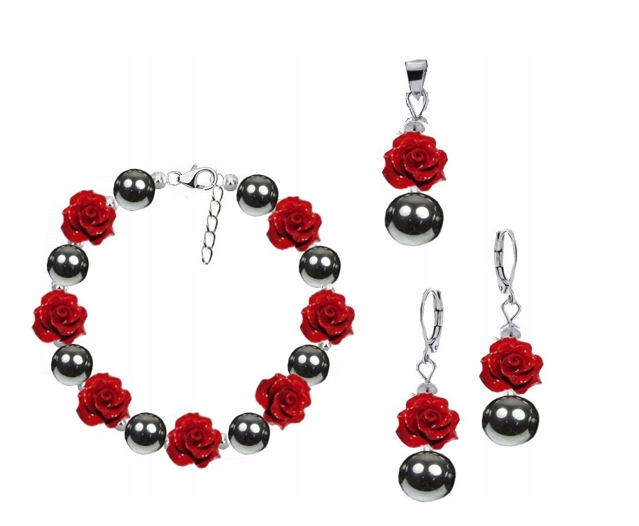 

Srebrny komplet onyks i koral róża srebro