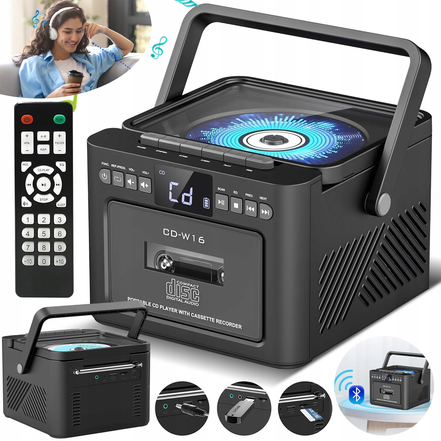 Bluetooth CD Přehrávač Přenosné Rádio Fm Discman Reproduktory Usb/aux/karta Sd