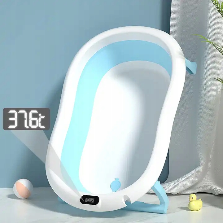 WANIENKA SKŁADANA DLA DZIECI Z TERMOMETREM SILIKONOWA WANNA LCD Z PODUSZKĄ Kolor biały Odcienie niebieskiego