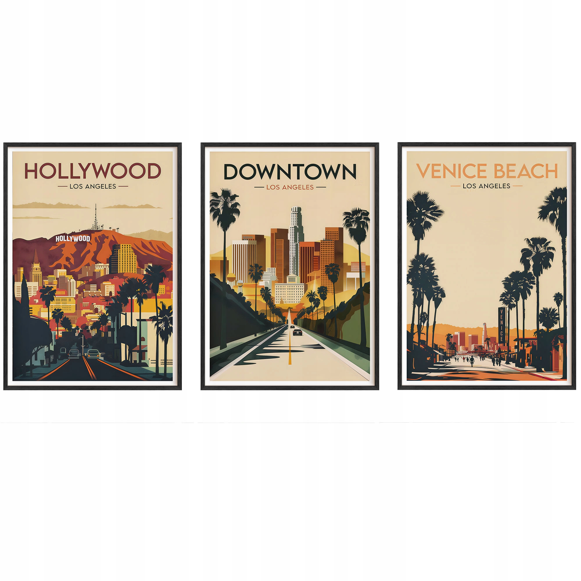 Obrazy Hollywood Venice Beach Plakáty Rámečky Dřevěné Černé 3ks 30x42 cm