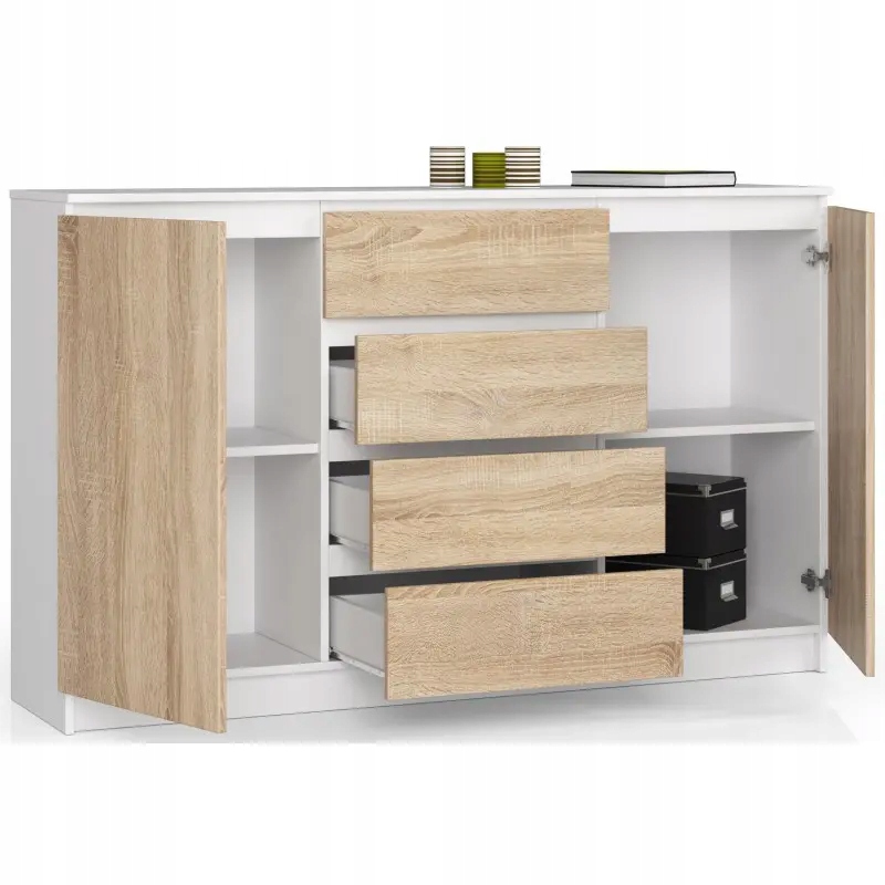 Komoda wysoka 160 cm 2 drzwi 4 szuflady pojemna do salonu Biała Dąb Sonoma Szerokość mebla 160 cm