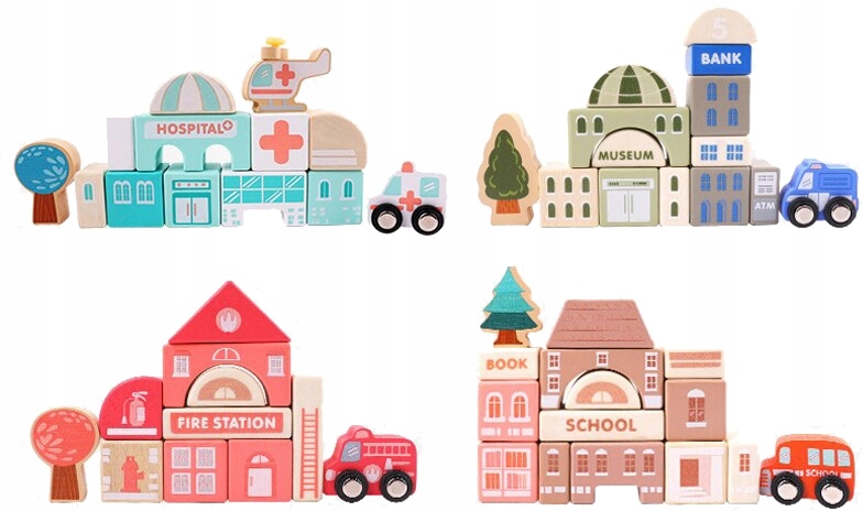 KLOCKI DREWNIANE MIASTECZKO EDUKACYJNE 115 ELEMENT Marka NORIMPEX