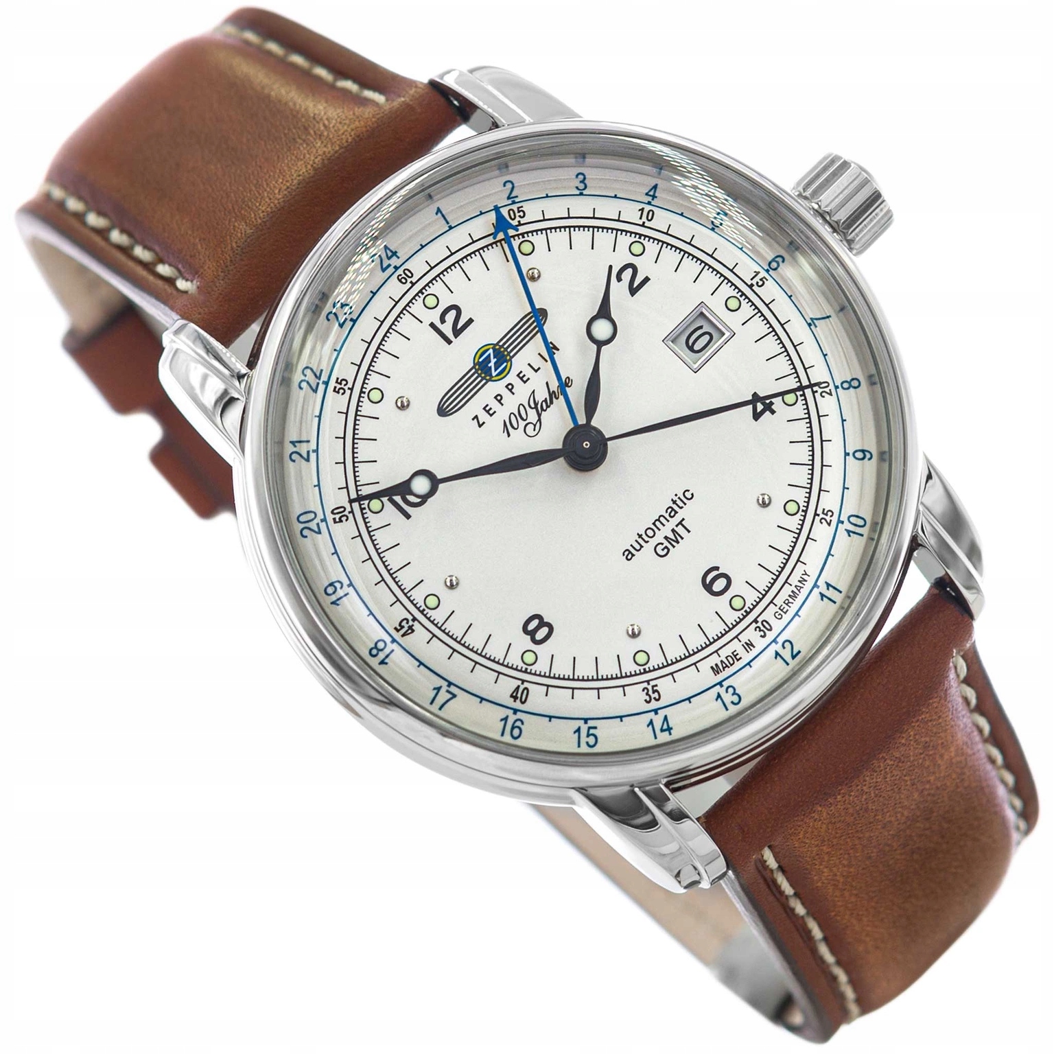 Pánské Hodinky Zeppelin 8666-1 100 Jahre Gmt Automatic Hnědé Na Řemínku Data