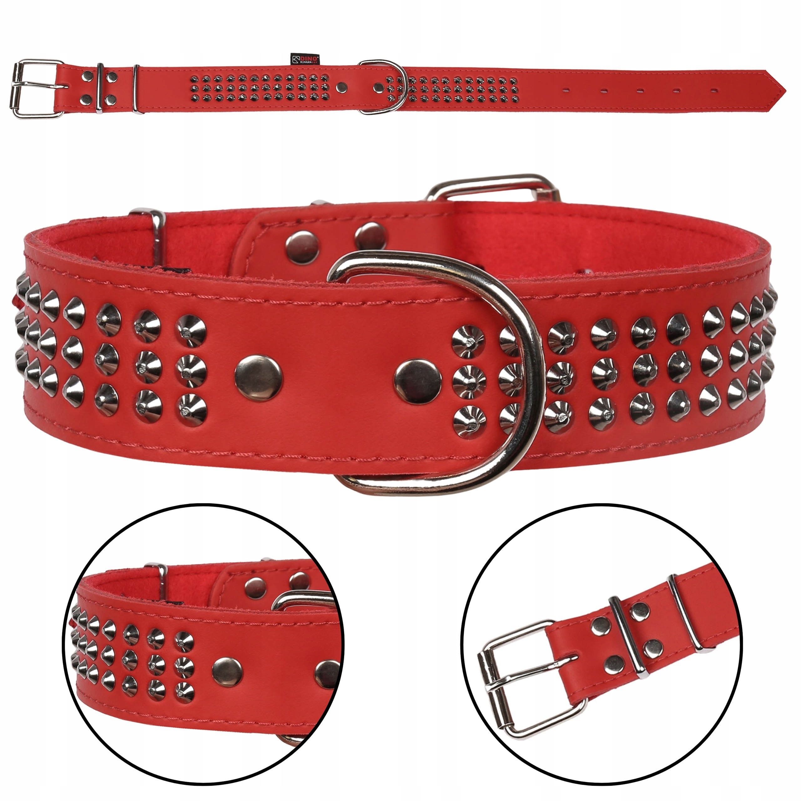 Červený kožený obojek s cvočky ve třech řadách, obojek pro psa 40mm/67cm