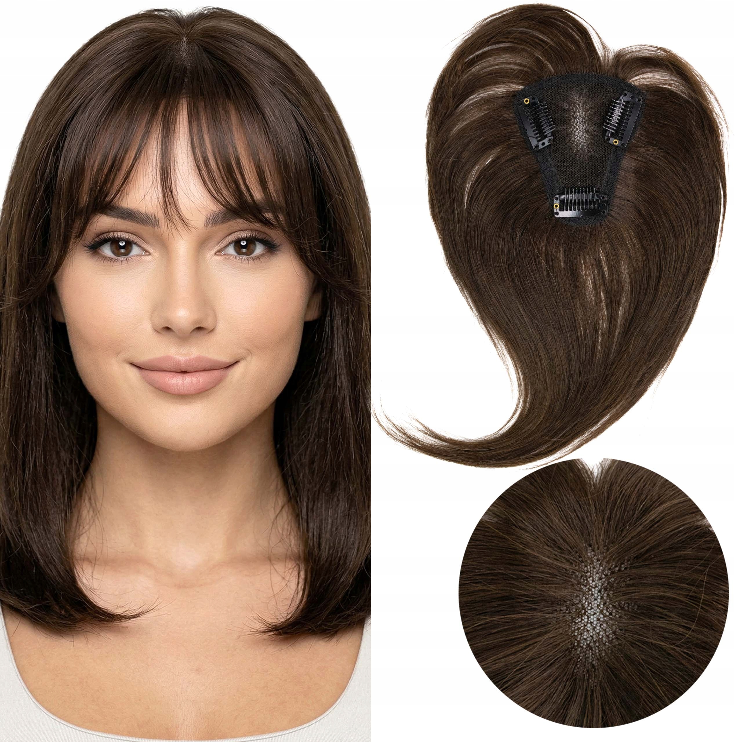 Topper Tupet z asijských přírodních vlasů ofina Clipin hnědá Klipsy