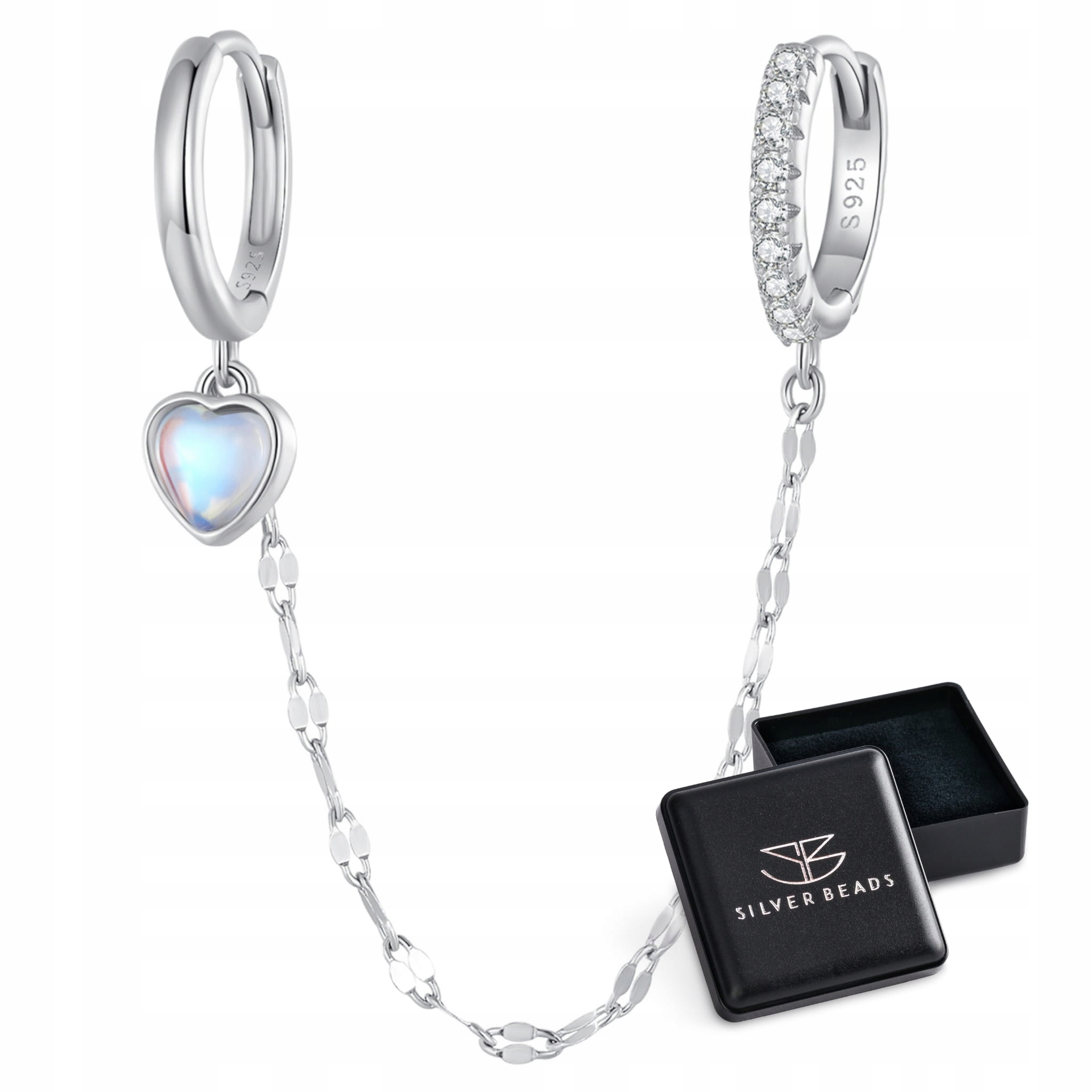 K422 Kolczyki koła z serduszkiem połączone łańcuszkiem srebrne zatrzaski