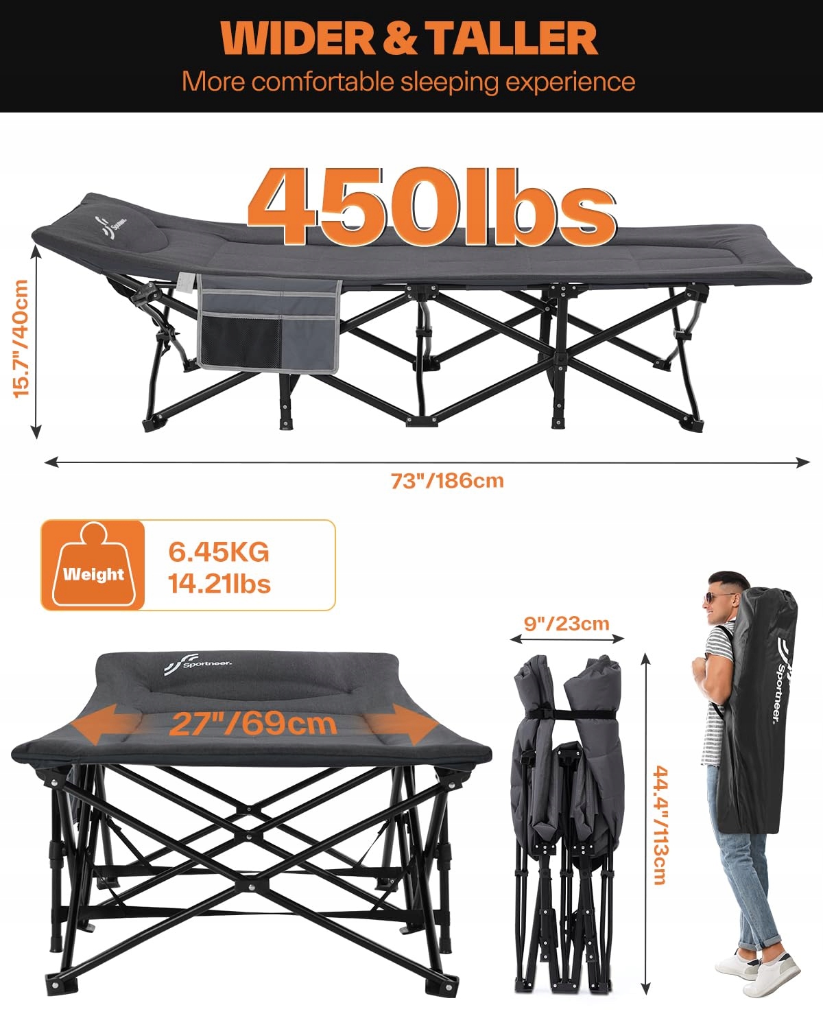 SPORTNEER Łóżko Polowe Składane 200x79cm Do 204KG Kemping Plaża Ogród — miniatura 2