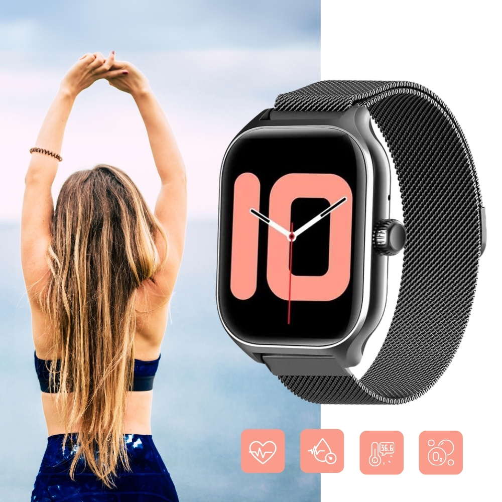Smartwatch zegarek metal Polskie Menu Rozmowy 2 paski bransoleta PL Kolor koperty czarny