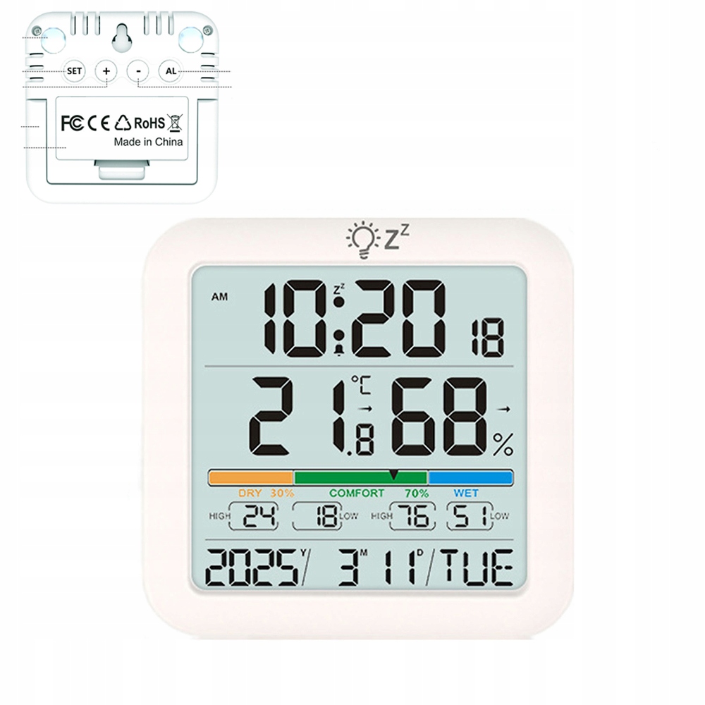 TERMOMETR HIGROMETR ELEKTRONICZNY SONDA STACJA POGODY ZEGAR BEZPRZEWODOWY