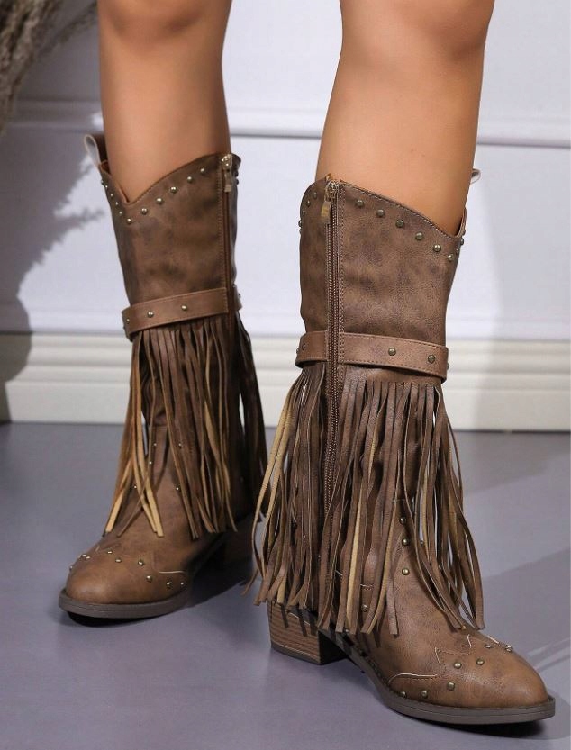 KOZAKI KOWBOJKI DAMSKIE BRĄZOWE Z FRĘDZLAMI 38 ŁJA Marka inna