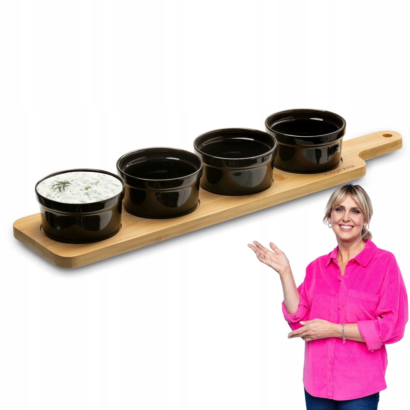 4 MISECZKI DO SOSÓW DIPÓW na desce bambusowej NBC