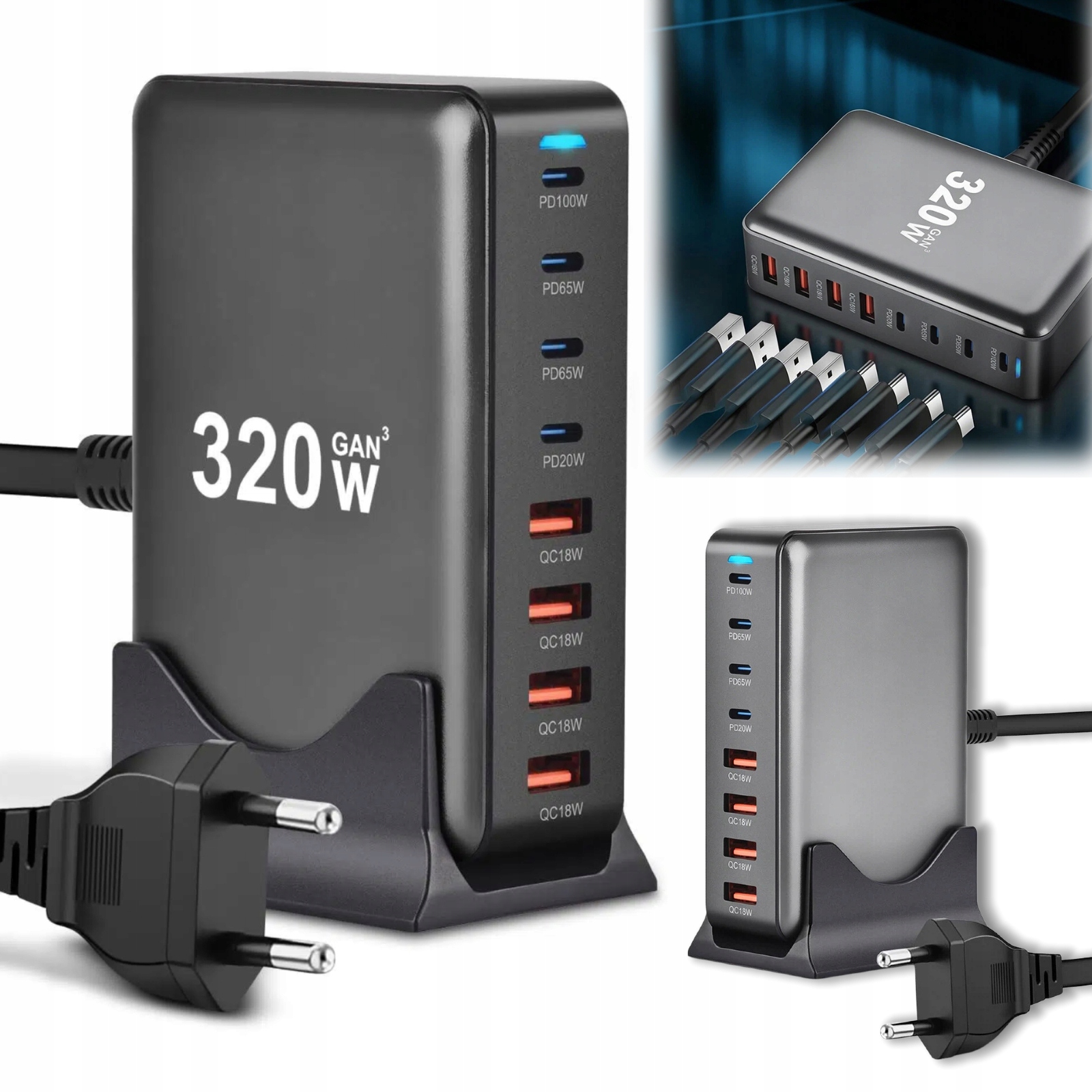 Rychlá Síťová Nabíječka 4xUSB 4xUSBC GaN3 320W Qc Pd pro telefon a notebook
