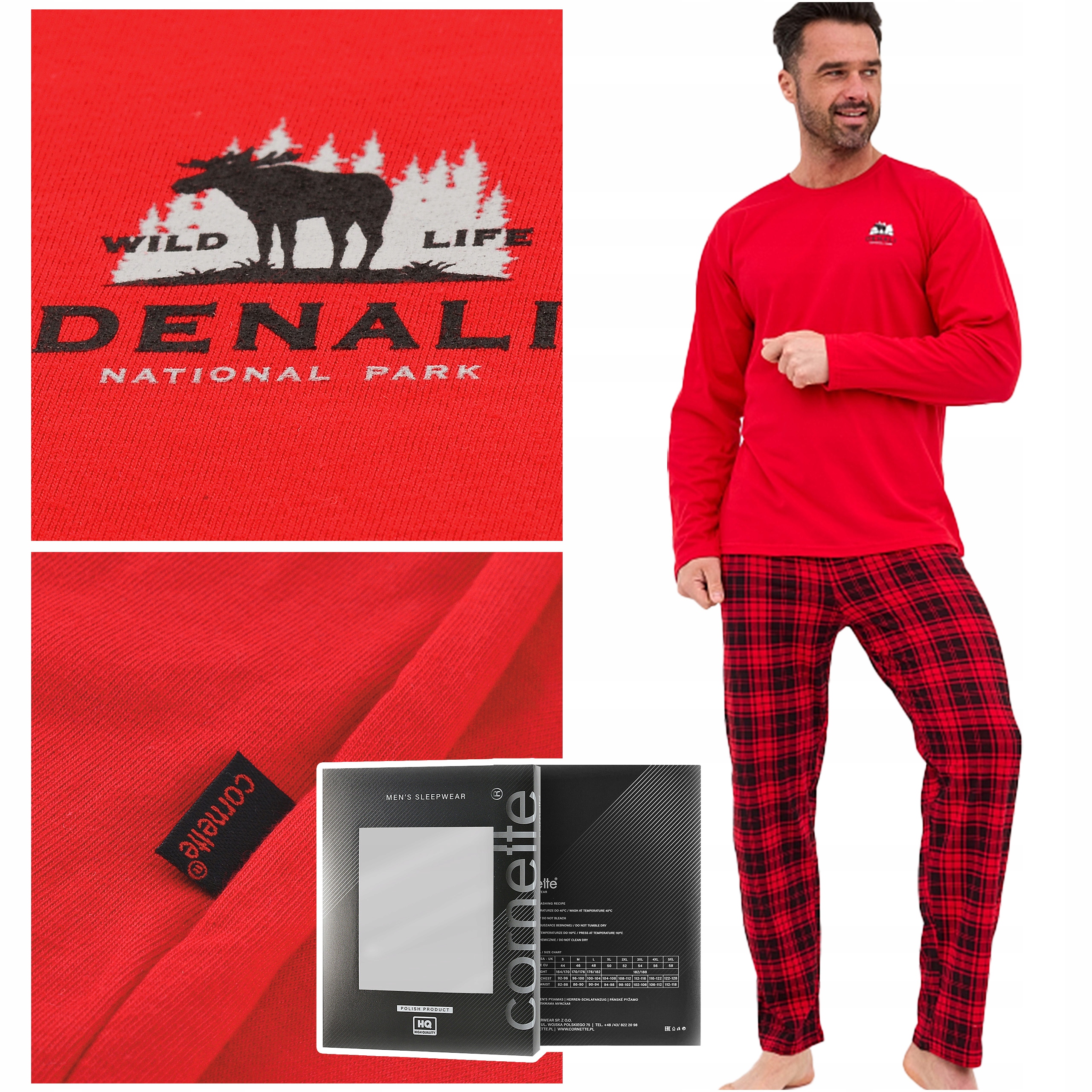 Cornette Pánské pyžamo s dlouhým rukávem Červená Mřížka Bavlněná Velikost XL