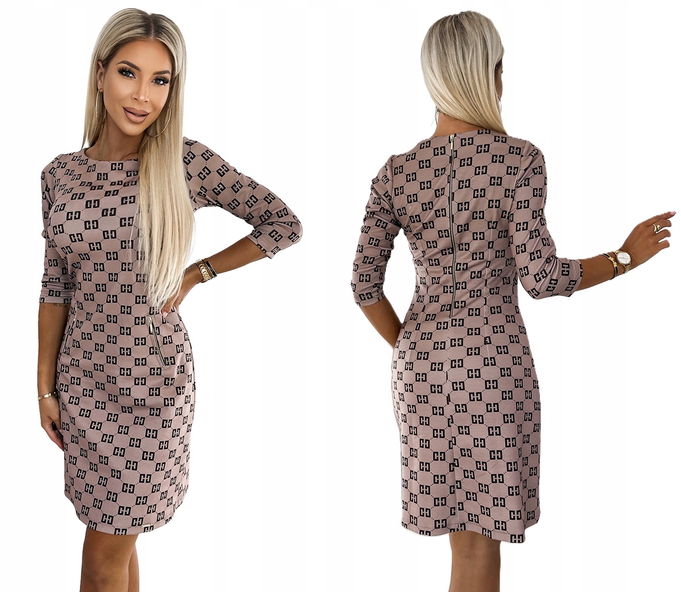 Neformální Jednoduché Šaty Do Práce Se Zlatými Zipy, Béžová Barva Ve Vzoru S