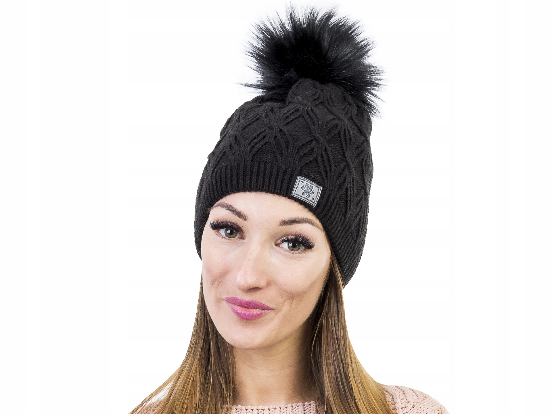 

C253 Zimowa Damska Czapka Pompon Czarny