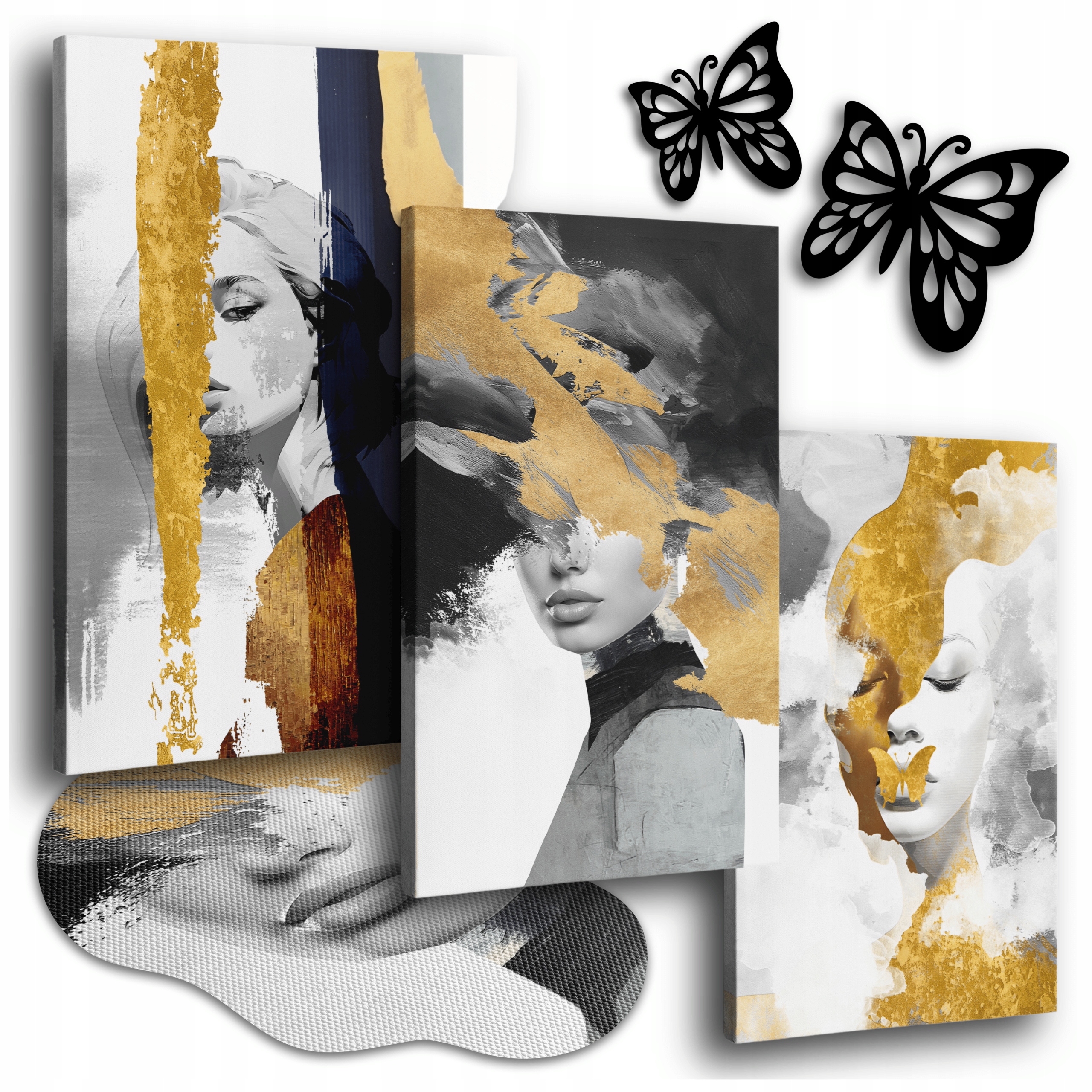 Obraz Na Plátně 150x70 cm Obrazy Do Obývacího Pokoje Triptych Zlaté Ženy Tváře 3x