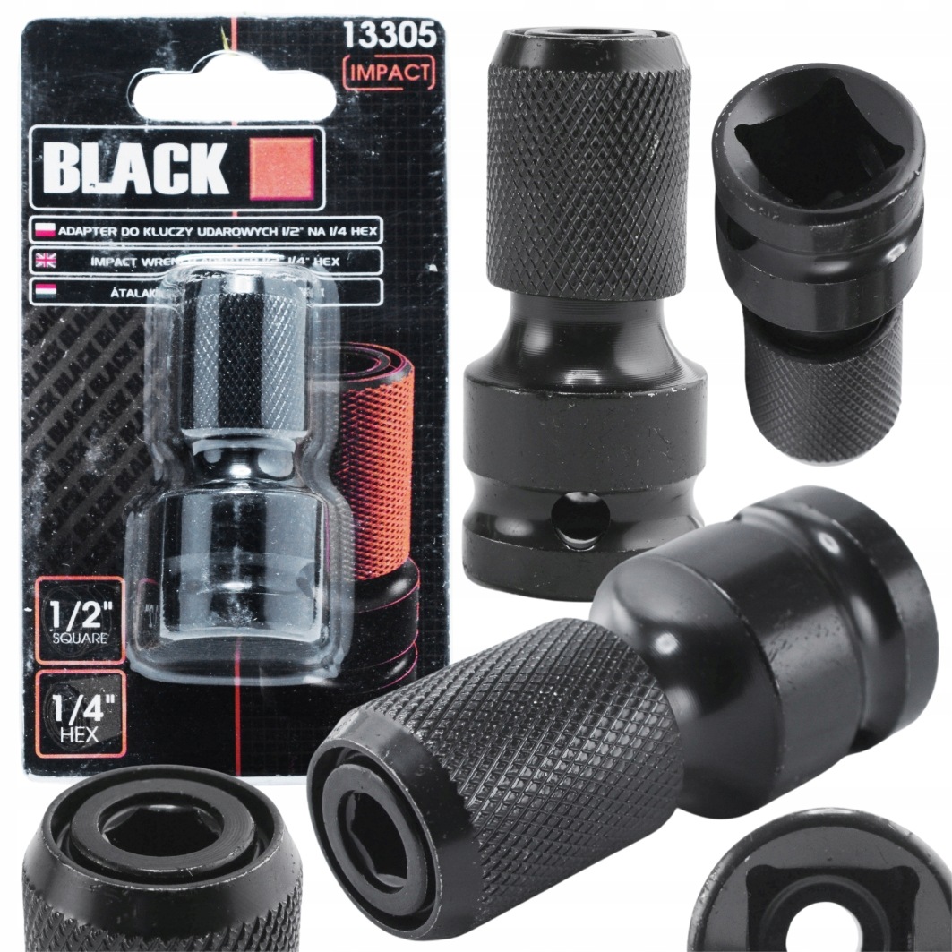 Adapter udarowy do klucza przejściówka z 1/2" kwadrat na 1/4" Hex Black