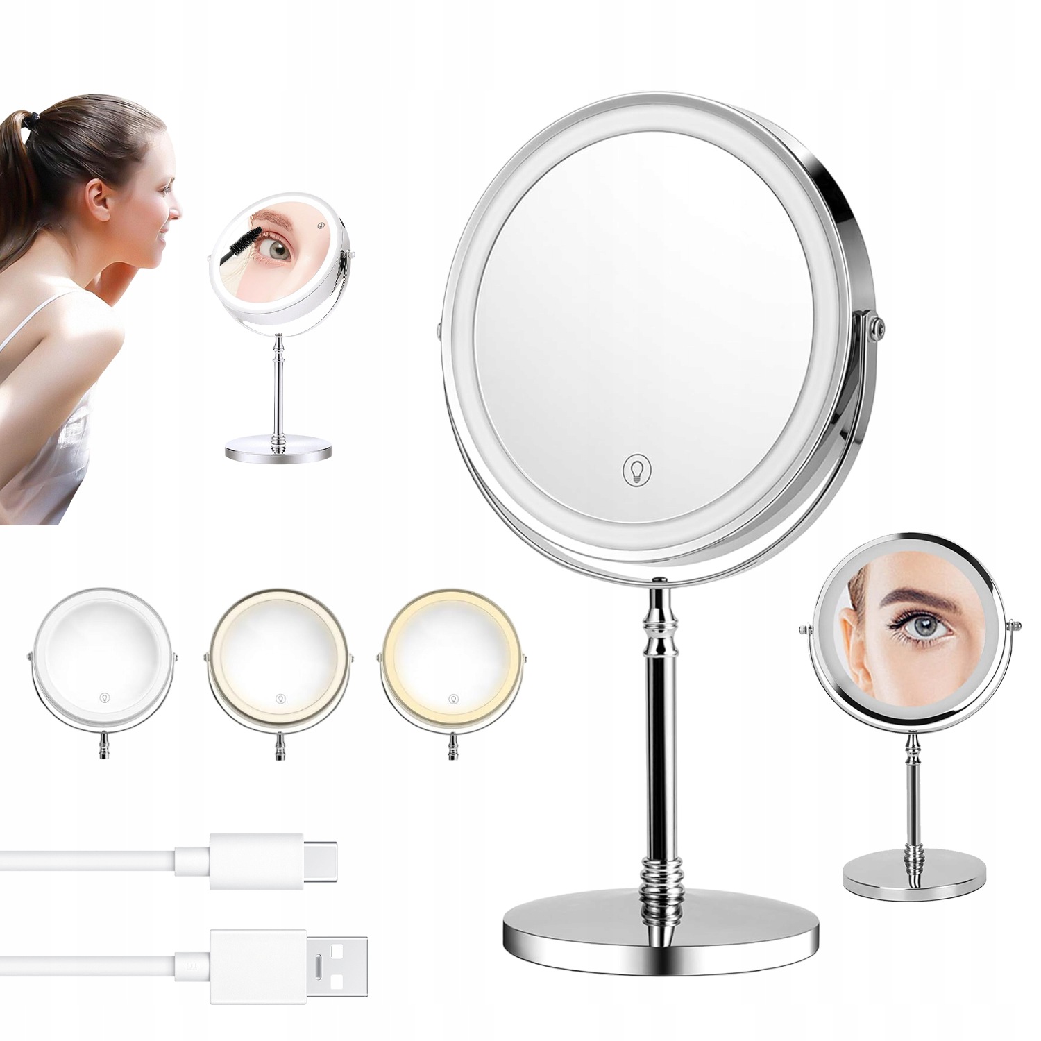 Podsvícené Kosmetické Zrcadlo S 3 Led Barvami Pro Zvětšení Make-upu 5X