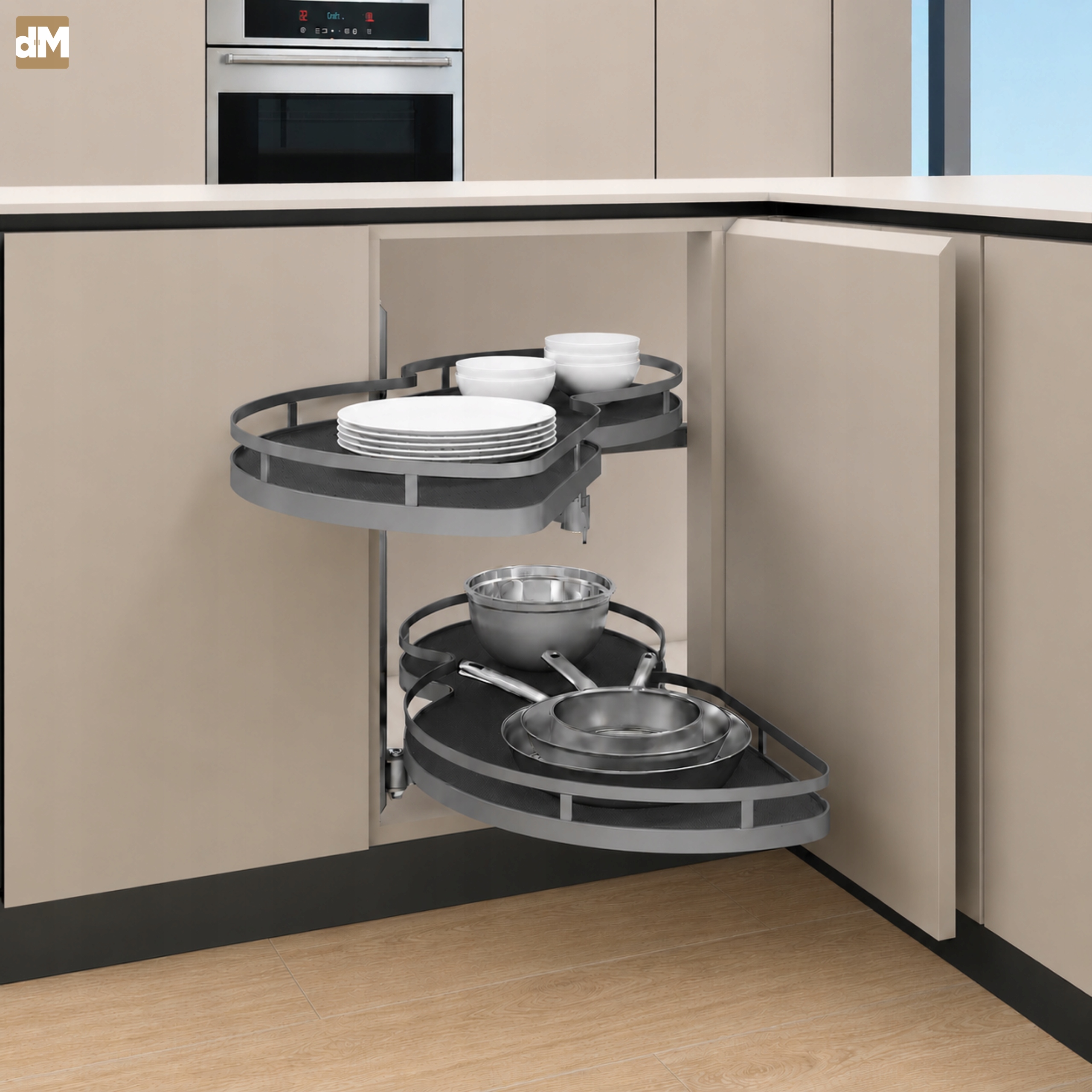 Rohový kôš antracitová oblička do kuchynskej skrinky 900 mm predná časť 450 mm ľavá