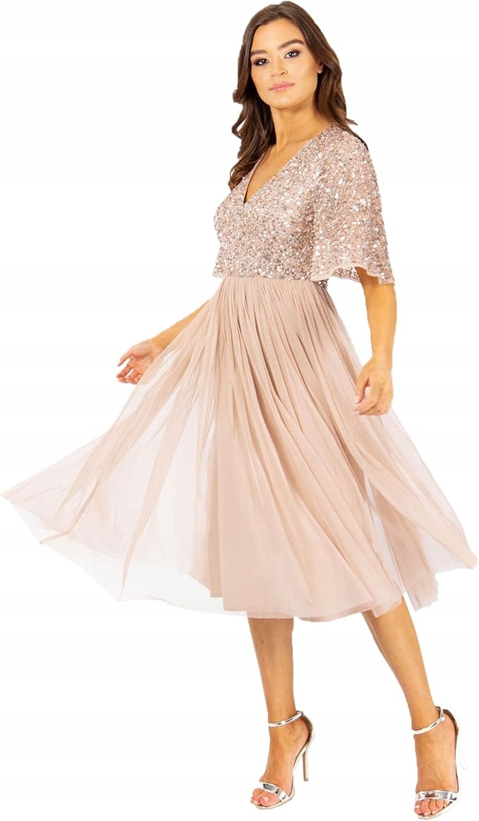 Maya Deluxe Plus Size Šaty S Flitry Růžová Koktejlová MIDI 48 6BA