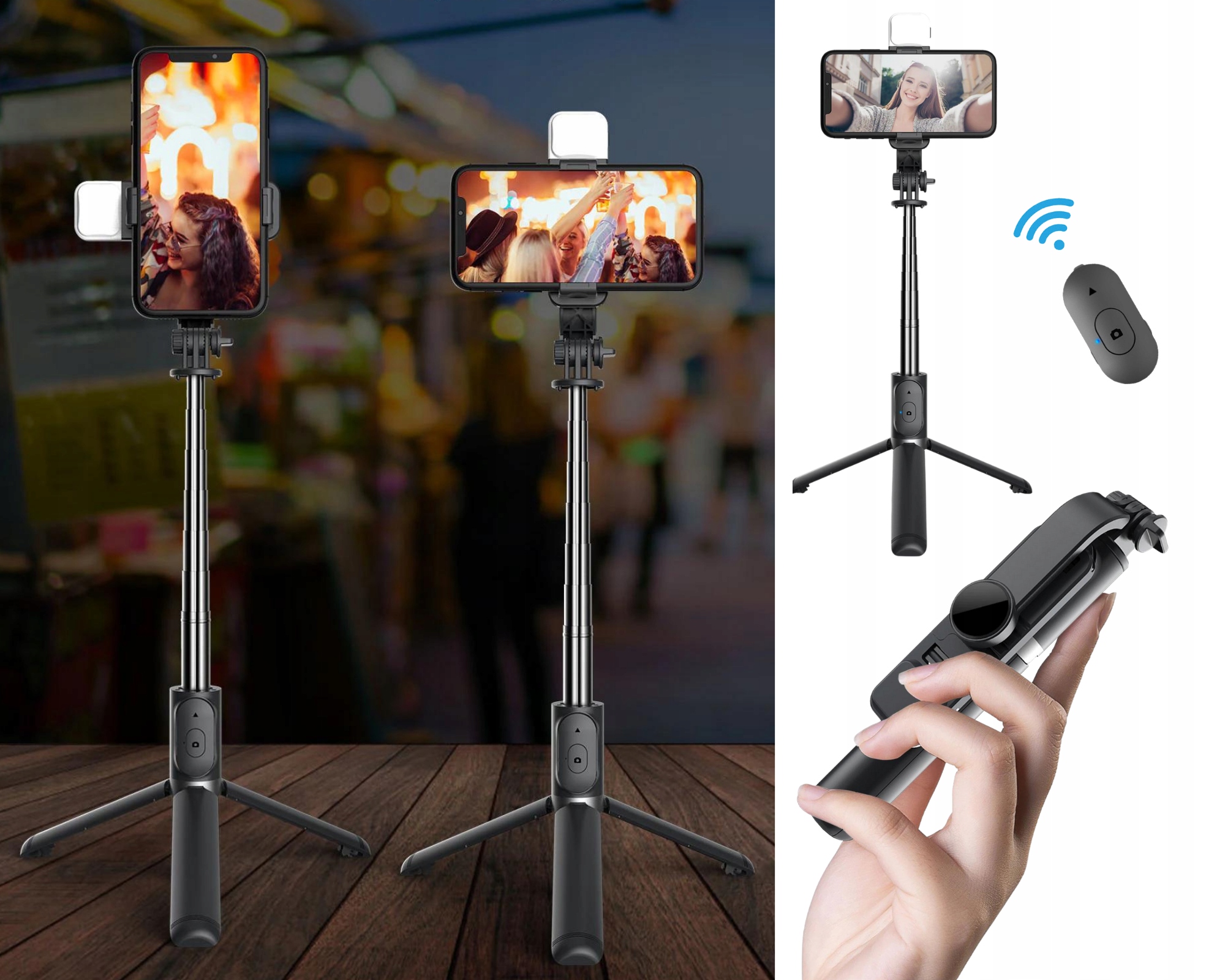 KIJEK DO SELFIE STICK TRIPOD STATYW z PILOTEM z LAMPA BLUETOOTH 104cm 360° Obsługiwane systemy operacyjne Android iOS