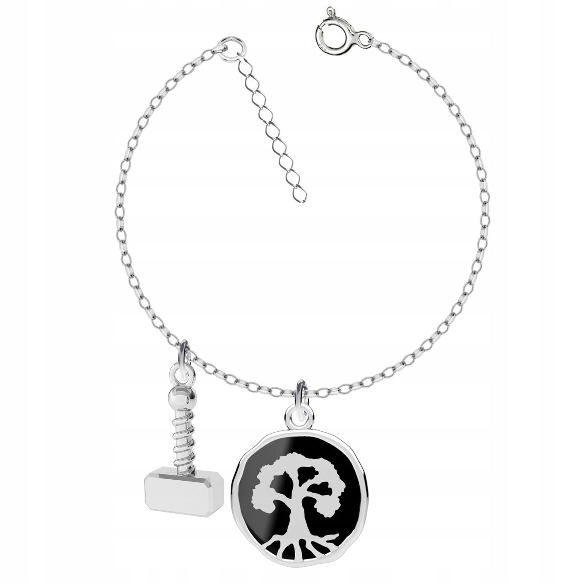 Dřevo Yggdrasil A Mjolnir Wiking Stříbrný náramek rolo oval stříbro 925