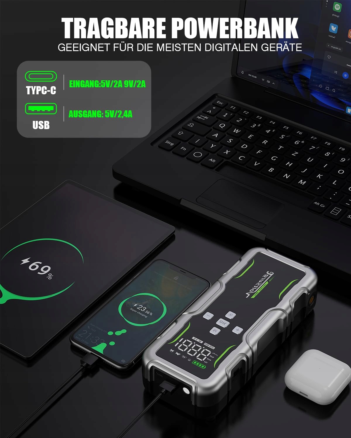 VOLTSURGE Powerbank 160PSI Kompresor do Samochodów 12V LED — miniatura 4