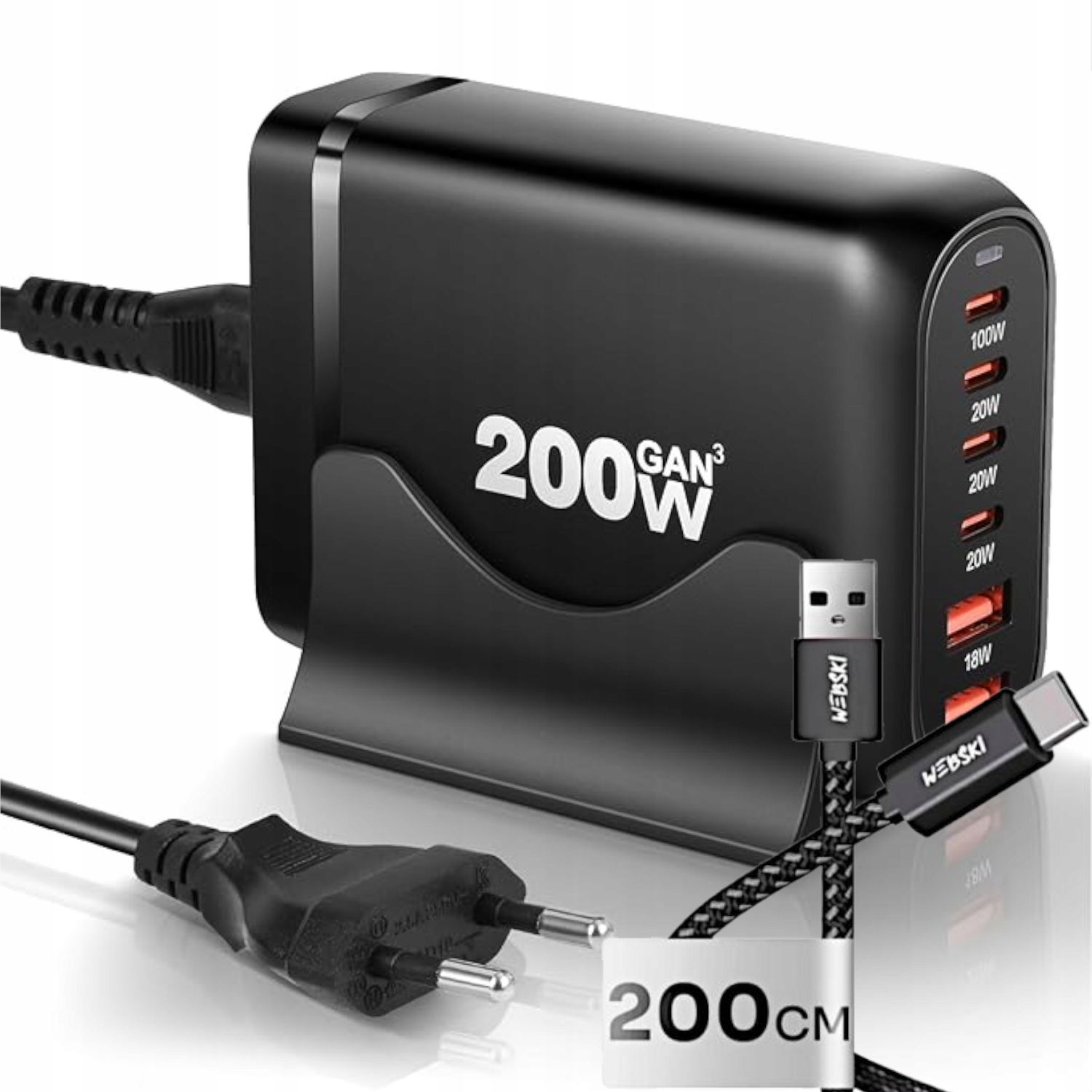 Síťová Nabíječka 200W GaN Qc Rychlá Výkonná Nabíjecí Stanice 6 Usb Portů