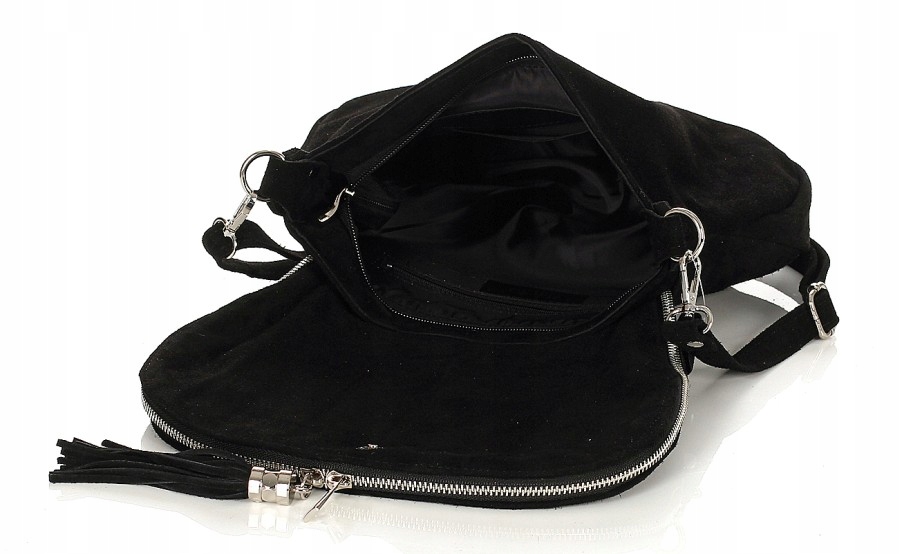 VERA PELLE Pojemna zamszowa listonoszka na długim pasku Skóra Naturalna Model S58 czarny