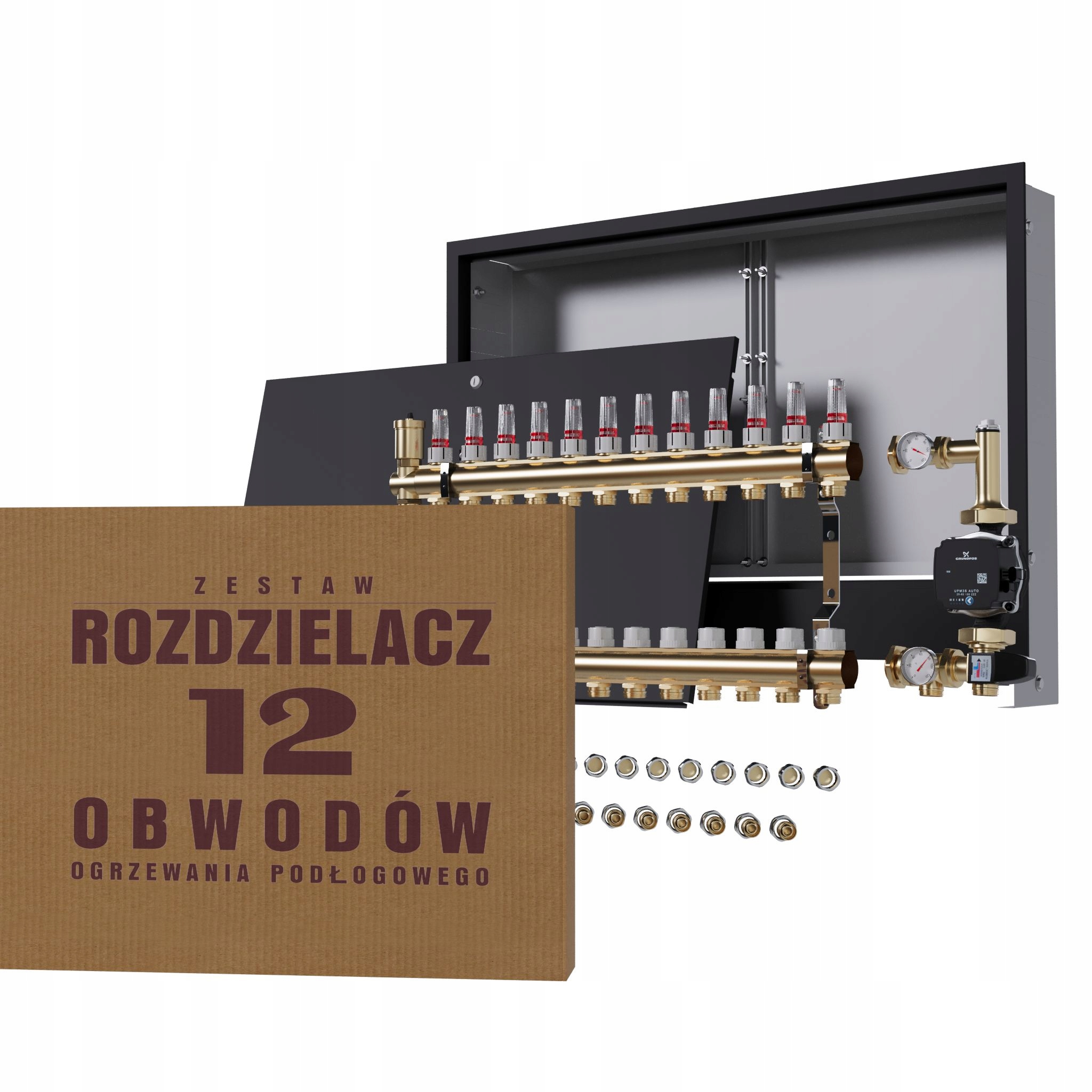 Rozdělovač pro podlahovku 12 čerpadlo Grundfos podomítková skříňka černá +pex