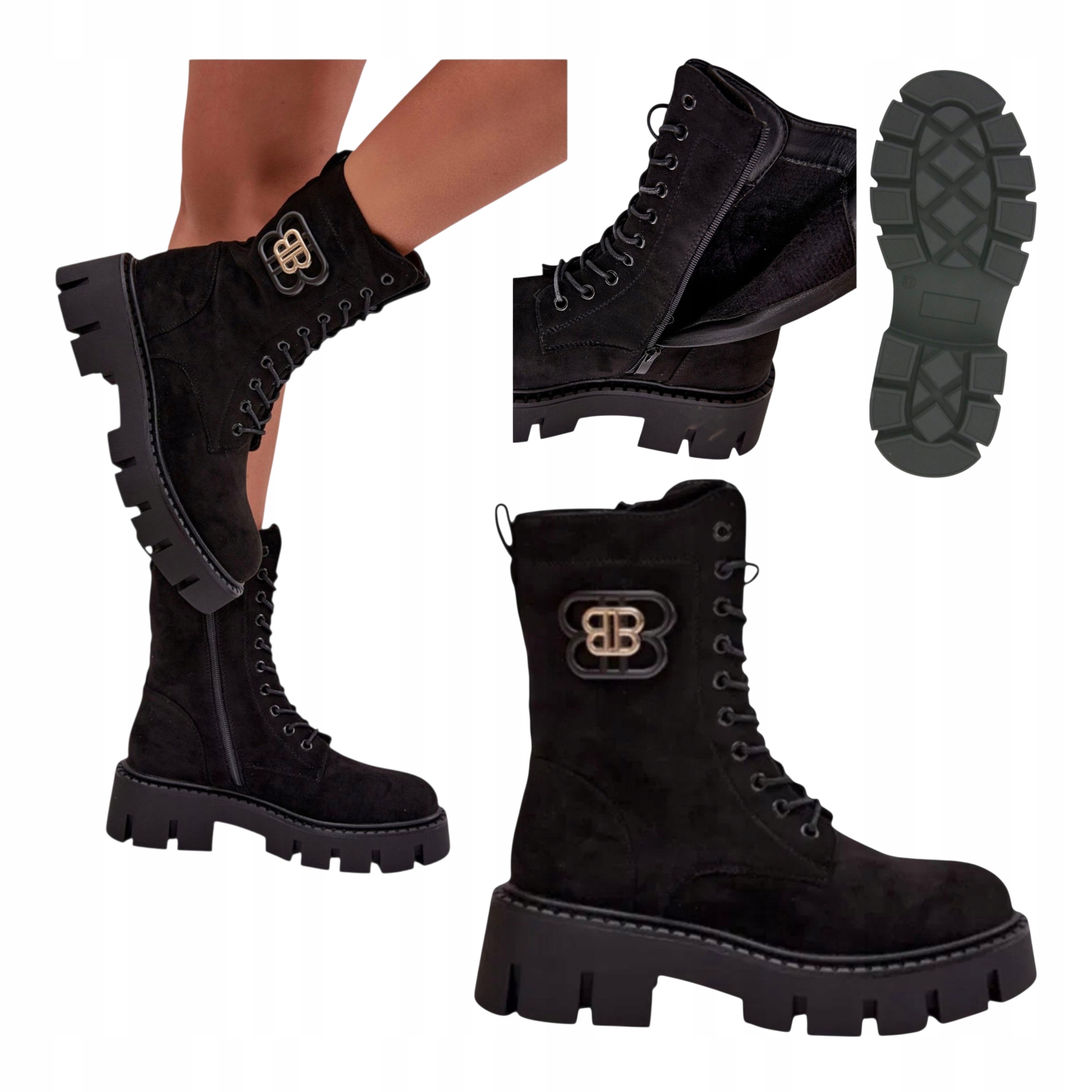 Dámské kožené trapery Semišové Kotníkové Boty na platformě, zateplené, černé, velikost 39