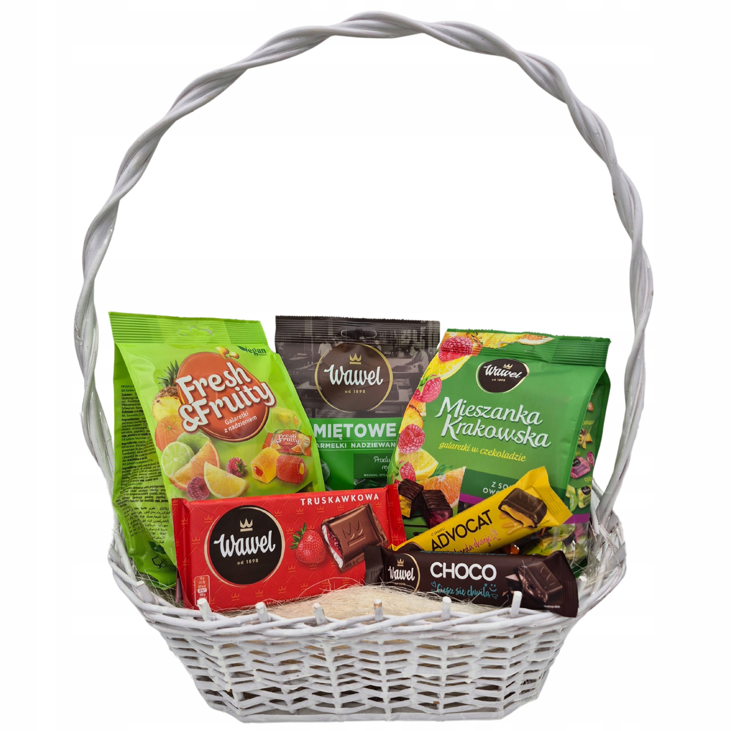 Kosz prezentowy Słodyczy Cukierki Galaretki Czekolada Batony Wawel