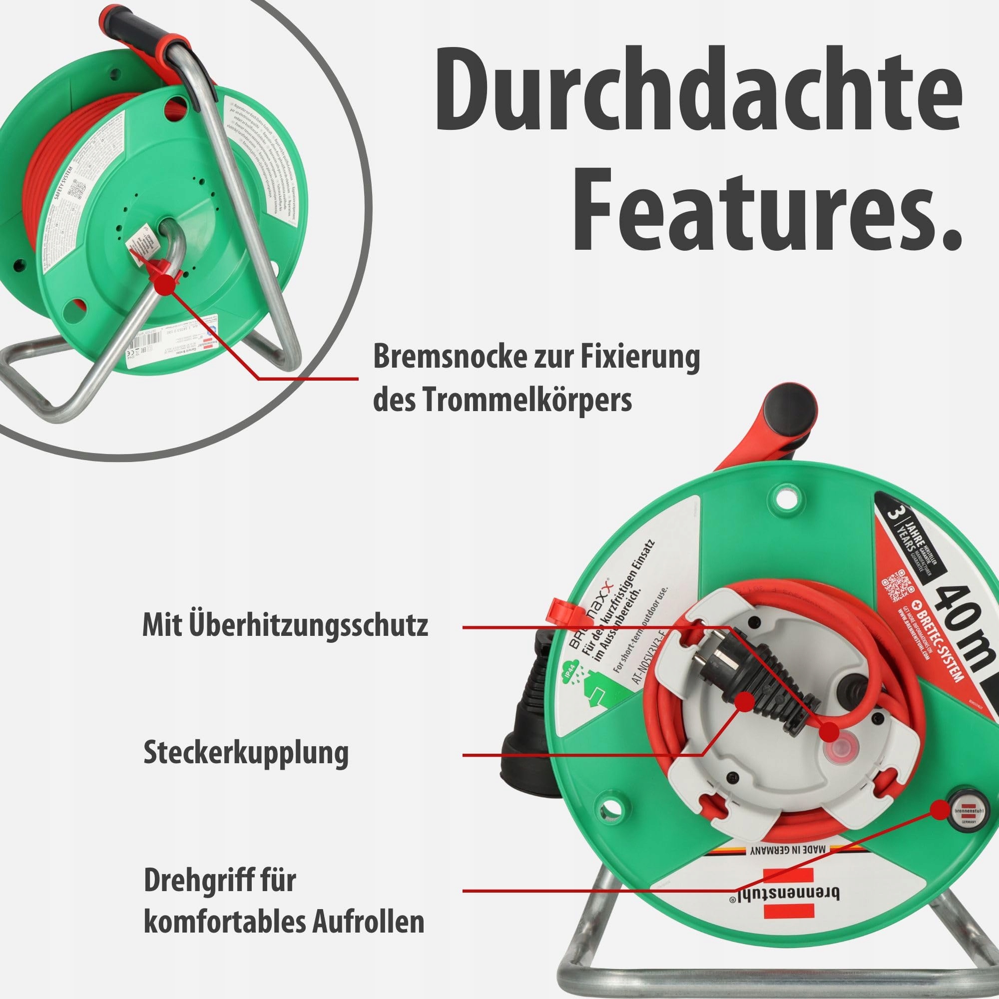 BRENNENSTUHL Kabeltrommel Ogrodowa IP44 40m Czerwony Na Zewnątrz — miniatura 3