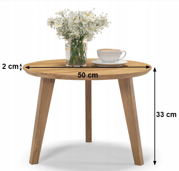 Stolik Kawowy Klasyczny Okrągły 50 cm Drewno Dębowe Ława na Trzech Nogach Głębokość mebla 50 cm