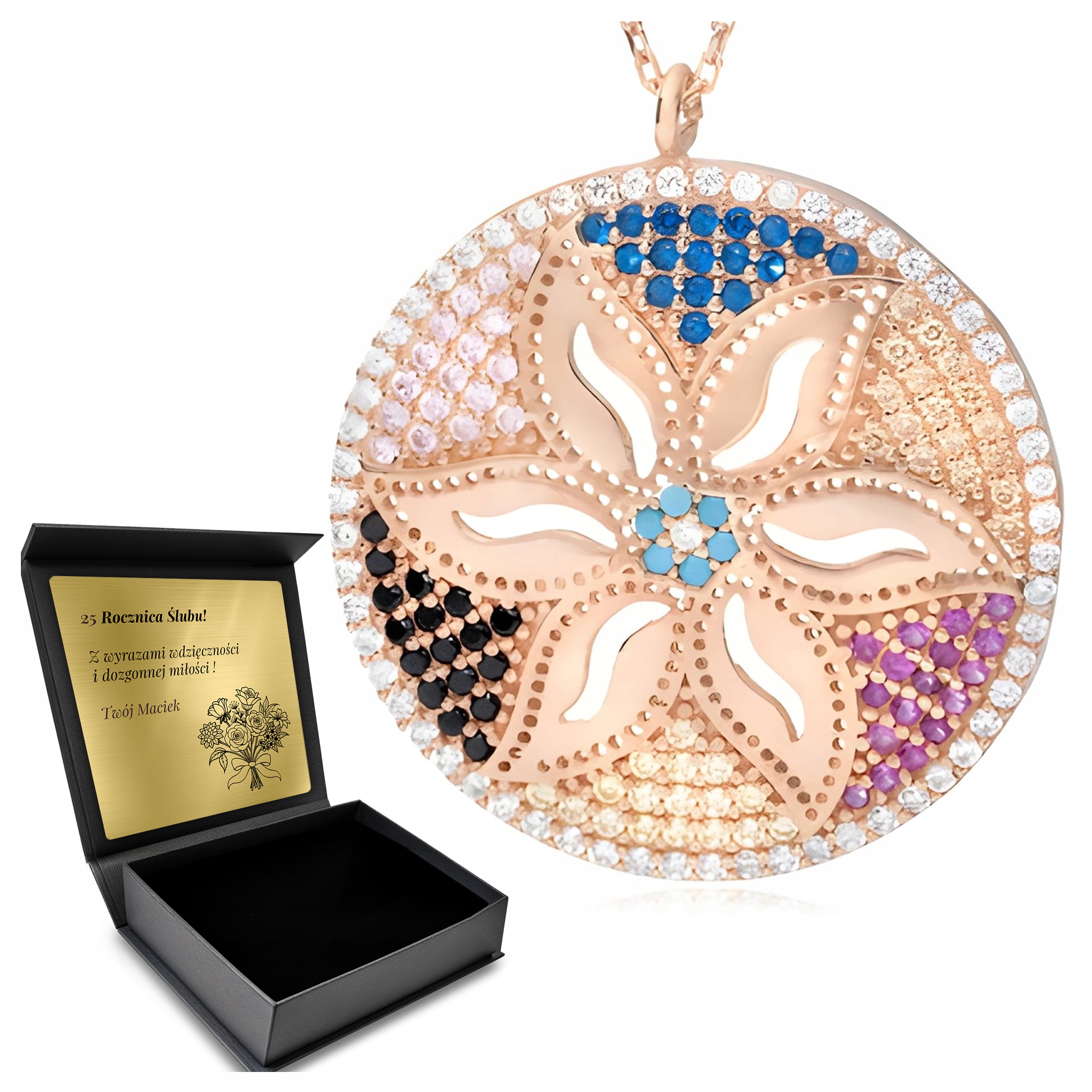 Náhrdelník Pozlacený Stříbro Zirkony Barevný Ažurový Květ Orientu Gravírování