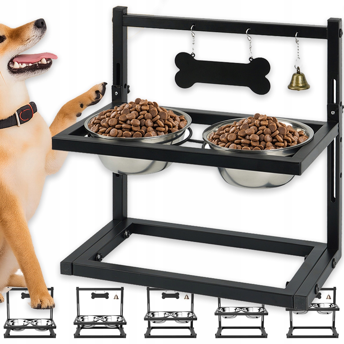 Levně Misky Na Stojanu Pro Psa Kovové, Nastavitelné, 2X1,15 L, Na Krmivo Vodu, Černé
