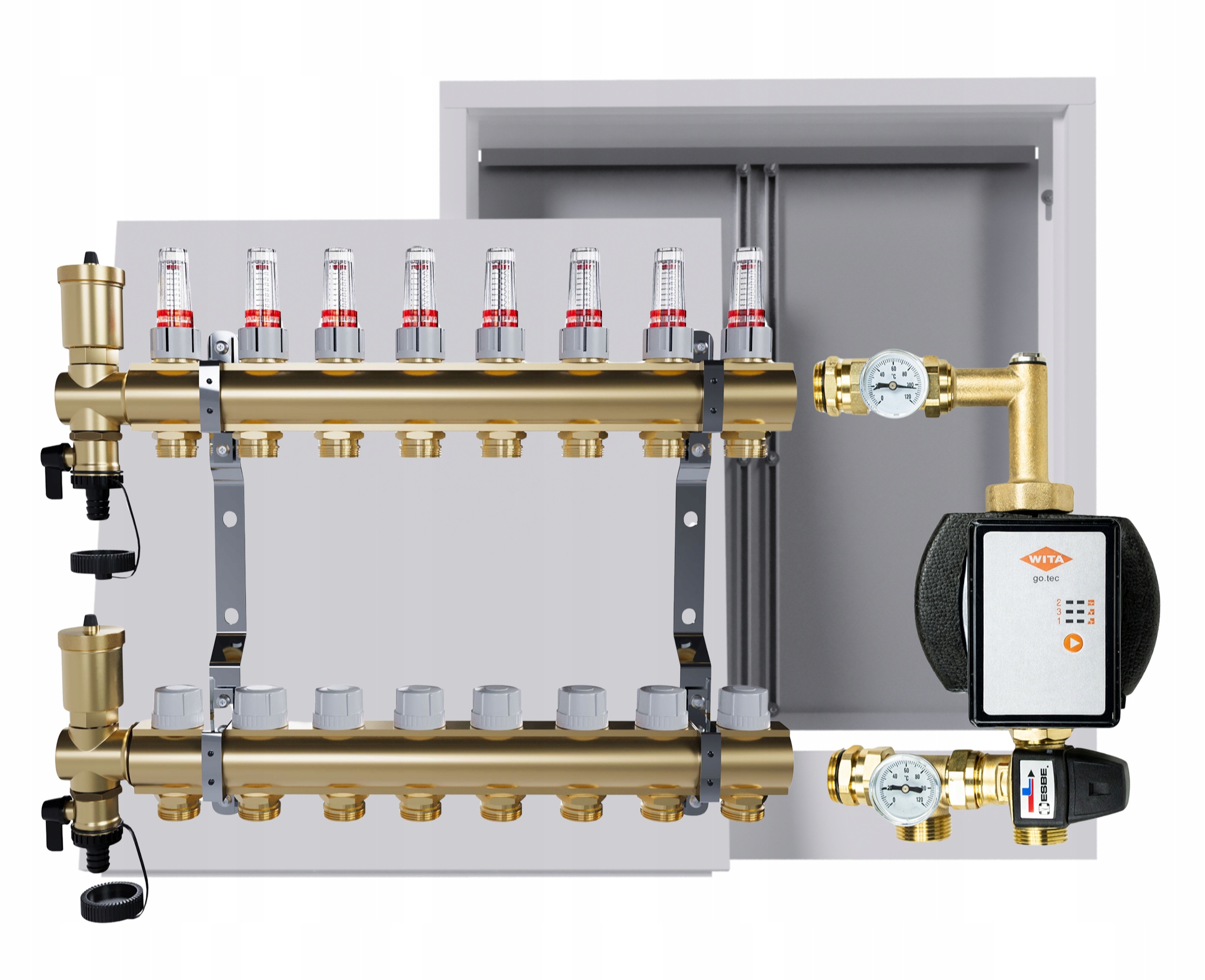 Rozdělovač pro podlahu 8 okruhů s čerpací skupinou Wita nástěnná skříňka
