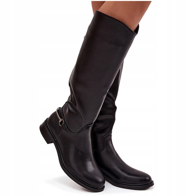 Dámské Kozačky Eko Kůže Plochý Podpatek Na Zip Ozdobný Detail Černé 39