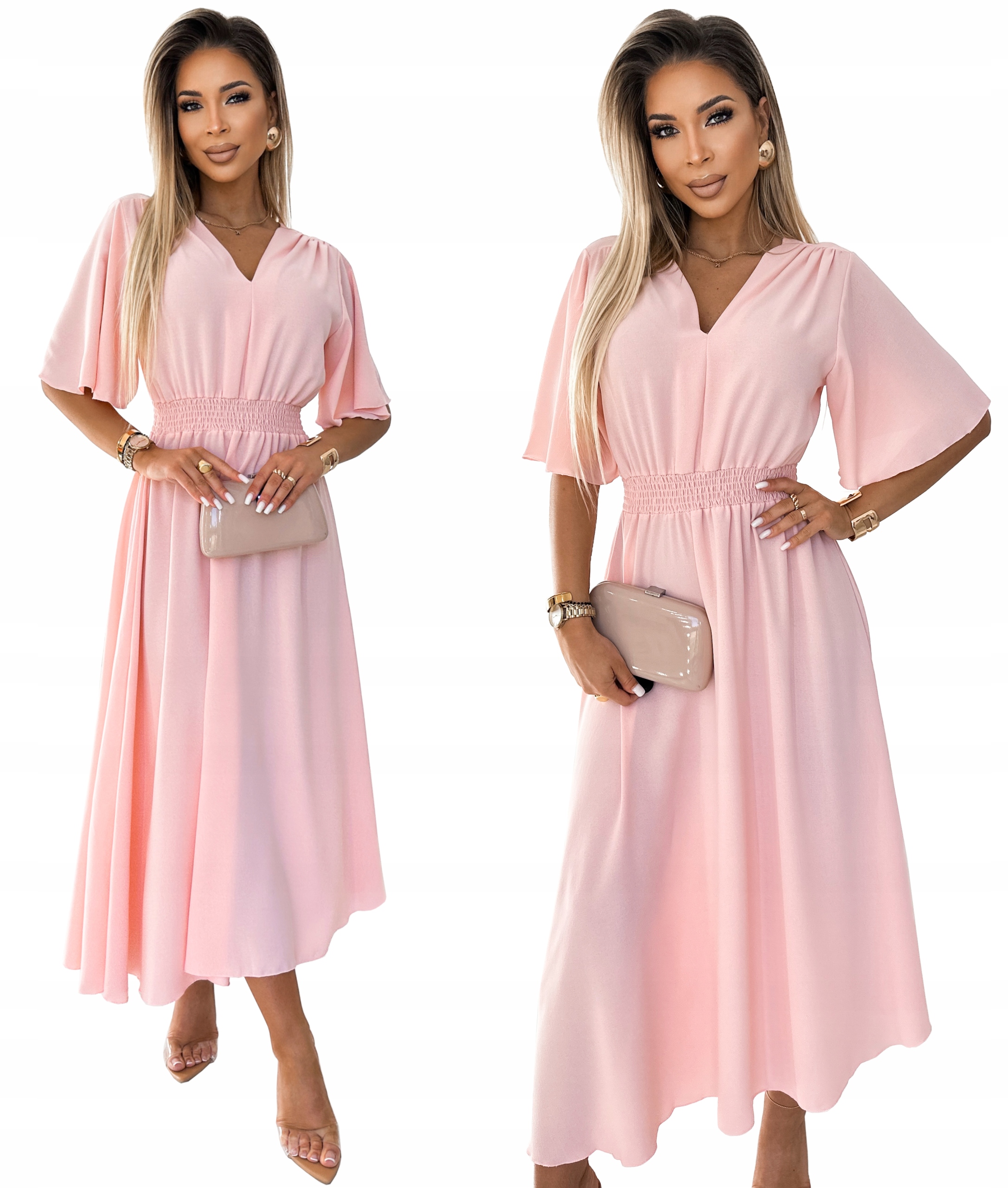 Damska Sukienka Midi Zwiewna Lekka Dekolt Serek Wesele S/m