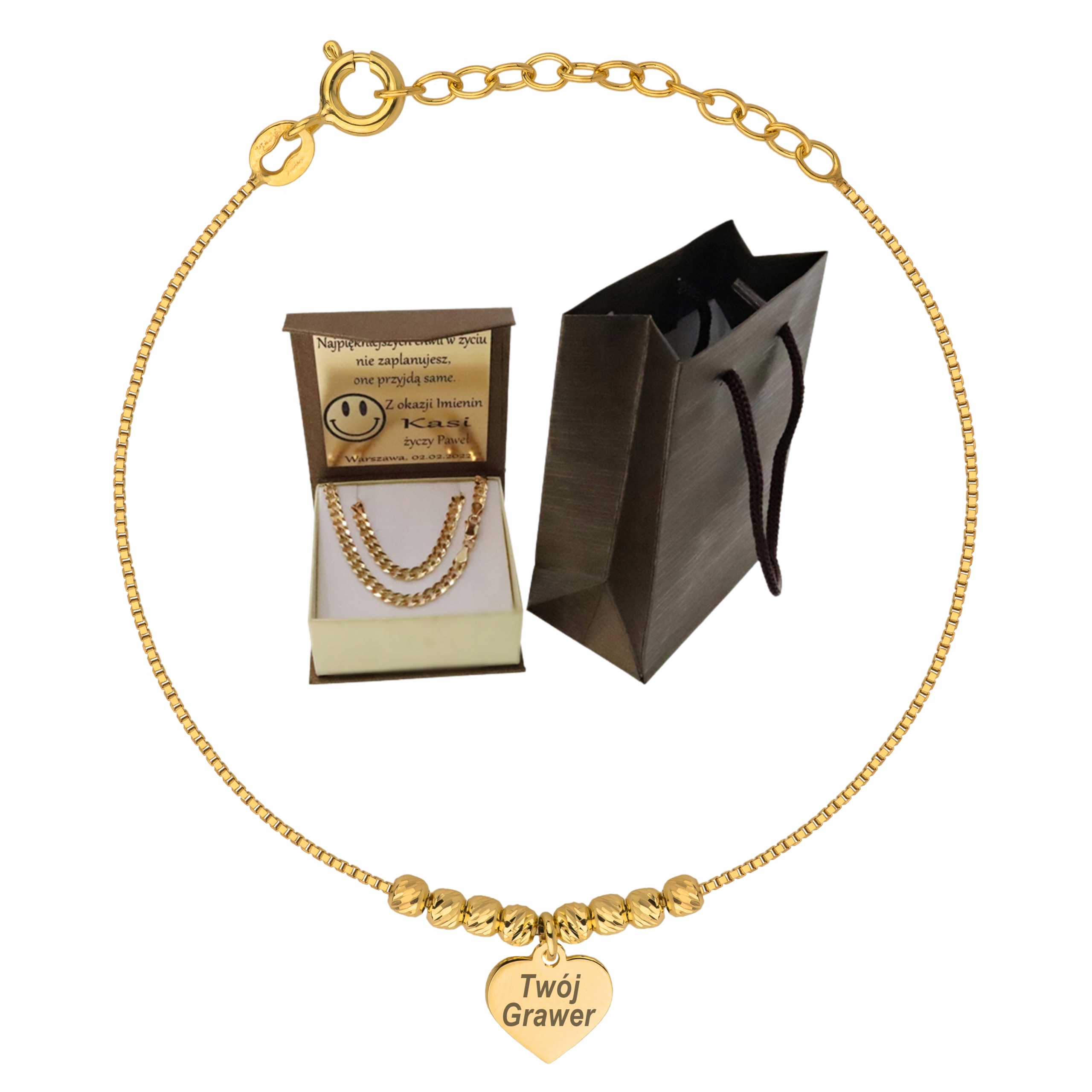 Dámský zlatý náramek s kostkou a srdcem 585/925, kompletní Gravírování Bonus