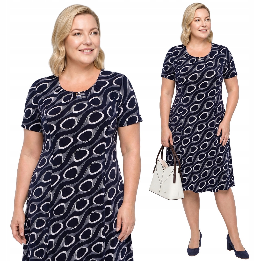 Tmavě modrá šaty s bílými vzory a ozdobou plus size, velikost 56
