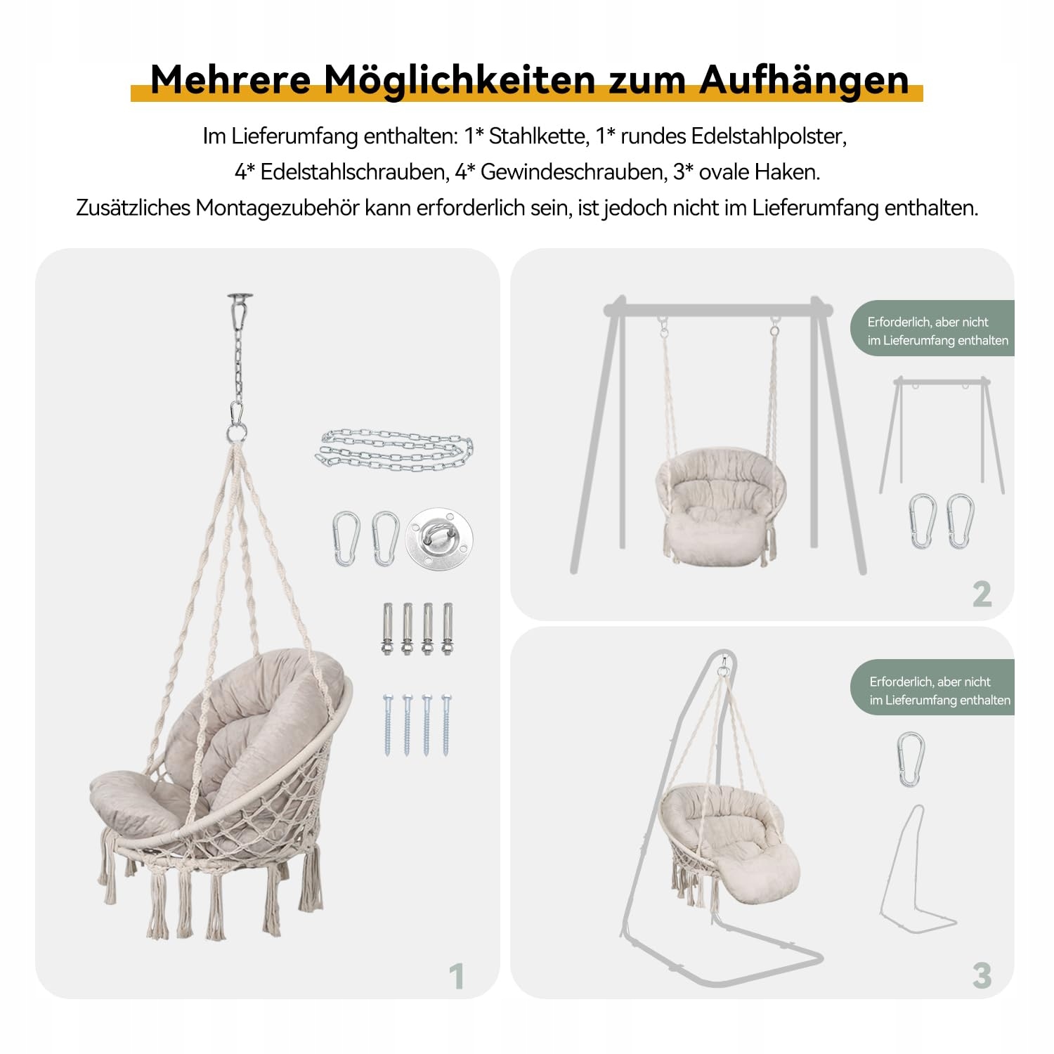 BATHONLY Fotel Wiszący Makrama z Poduszką Boho Bawełna do 150kg Beżowy — miniatura 5