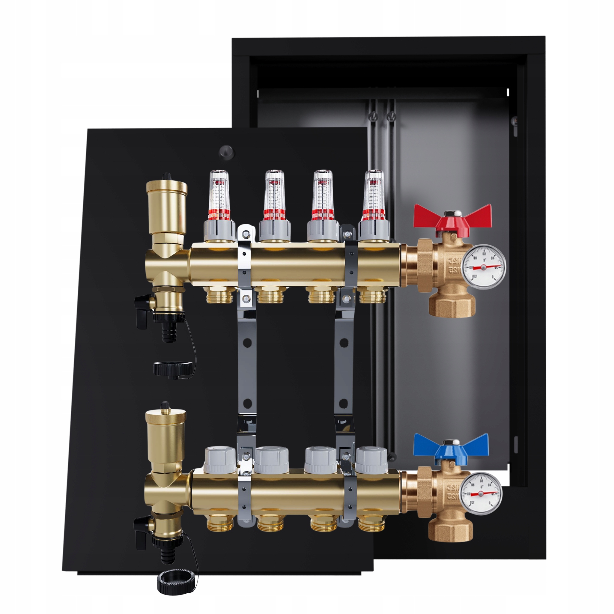 Rozdělovač Pro Podlahovou Krytinu 4 Okruhy Ventily Nástěnná Skříňka Černá